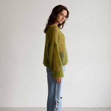 Hand-knitted Olive Mohair Pullover: Lightweight Fuzzy Sweater