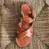 Handmade Moroccan Brown Leather Sandals – Cross Strap Flat Slides Women