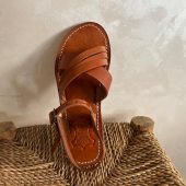 Handmade Moroccan Brown Leather Sandals – Cross Strap Flat Slides Women